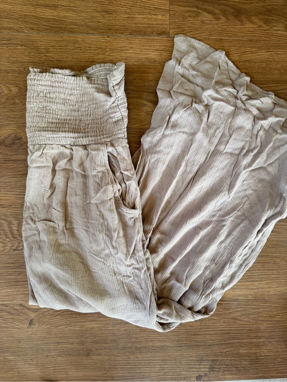 mahina Taupe Smocked-Waist Wide-Leg Jumpsuit